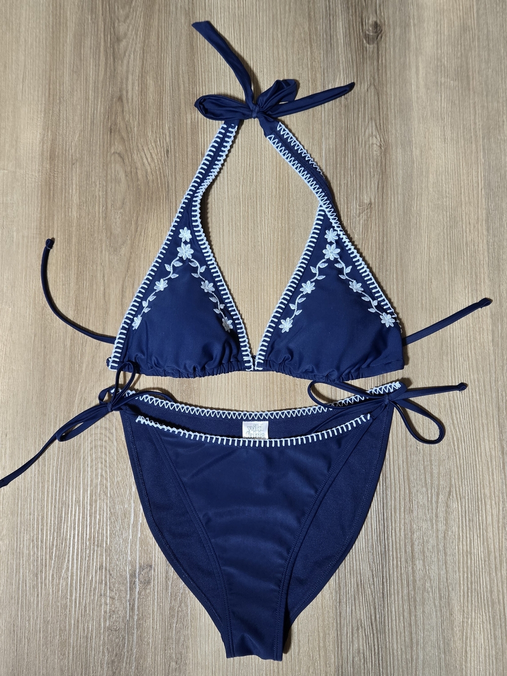Navy Blue Halter Bikini with White Embroidery